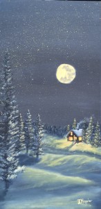 Moonlight on Snow 2 is a 24 inch by 12 inch original oil painting on canvas of the full moon shining on a snow scene of small house in the woods.
