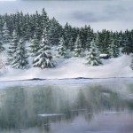 Reflection on Ice is a 16 inch by 20 inch original oil painting on canvas of a cabin in an evergreen forest reflected on an icy lake.