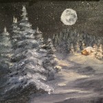 Moon on the Snow 6x6 is a 6 inch by 6 inch original oil painting on canvas of the full moon shining on a snow scene of small house in the woods.