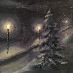 Lighting the Way Home 6x6 is a 6 inch by 6 inch oil on canvas original oil painting on a panel. Street lights glow on a snowy winter night, lighting this tree lined drive. Snow, winter, night, evening, glow, street lights, pine trees