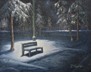 Snow in the Park is a 16 inch by 20 inch original oil painting on canvas of lamp posts, trees, and a bench in a city park in the snow.