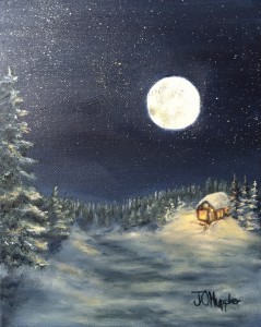 Moon on the Snow 3 10” x 8” original oil painting on canvas of the full moon shining on a snow scene of small house in the woods.