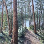 Red Pines at Itasca is a 20 inch by 16 inch original oil painting on canvas of red pine trees along a walking path to a lake at Itasca State Park.
