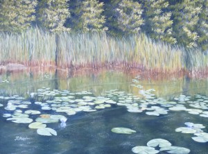 Lily Pads Near Shore 2 is a 16 inch by 20 inch original oil painting on canvas of lily pads growing near the shore of a small woodland lake.