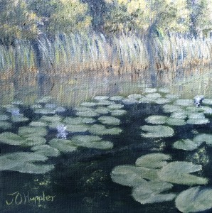 Lily Pads Near Shore 6x6 is a 6 inch by 6 inch original oil painting on canvas of lily pads growing near the shore of a small woodland lake.